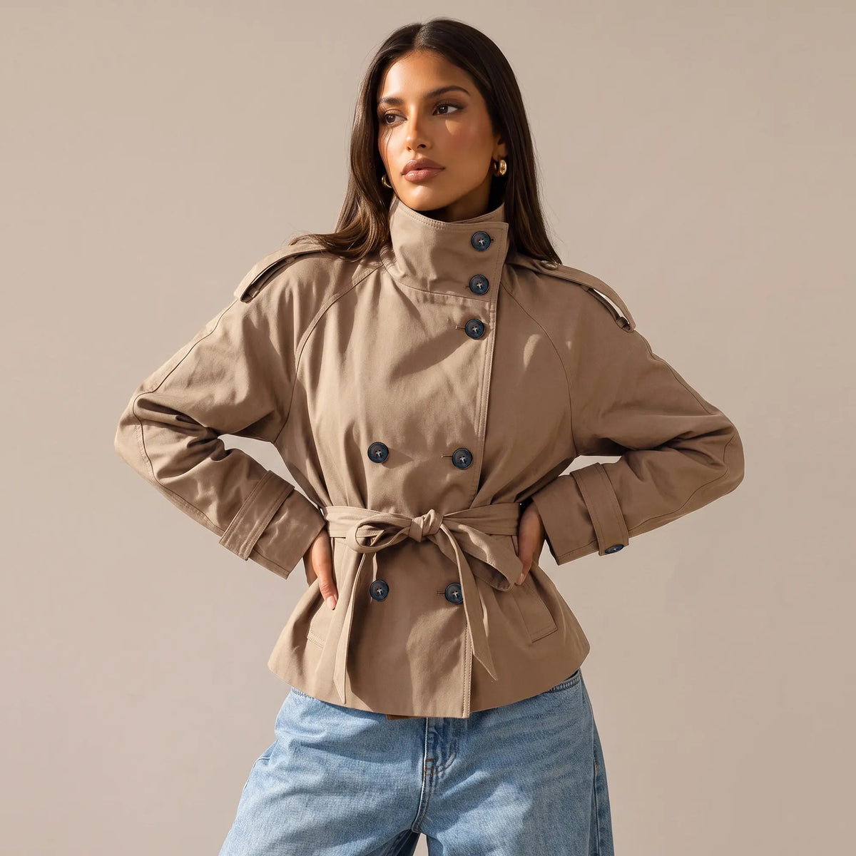 Katch Me Chic Women'S Versatile Stand Collar Button-Up Trench Coat with Detachable Waist Belt, Cozy Windproof Long Sleeve Outerwear for Fall & Winter, Commuter Solid Color Daily Outfit #Tiktokmademebuyit #Sohochic #Windbreaker