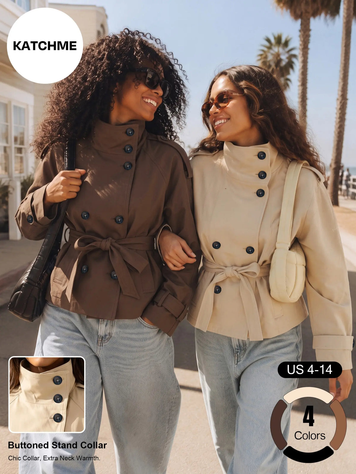 Katch Me Chic Women'S Versatile Stand Collar Button-Up Trench Coat with Detachable Waist Belt, Cozy Windproof Long Sleeve Outerwear for Fall & Winter, Commuter Solid Color Daily Outfit #Tiktokmademebuyit #Sohochic #Windbreaker