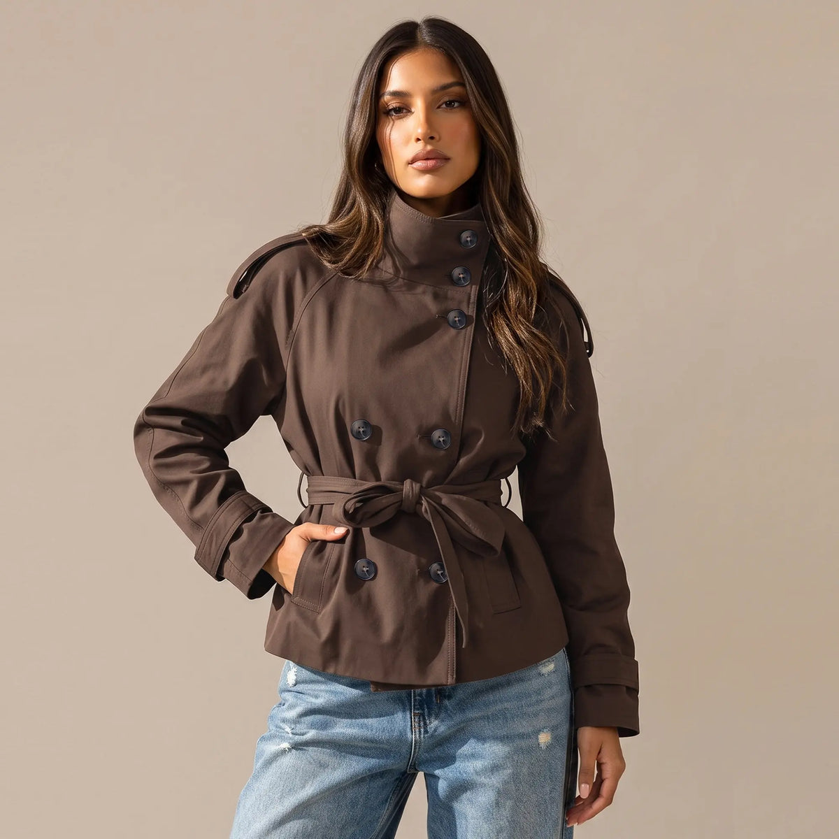 Katch Me Chic Women'S Versatile Stand Collar Button-Up Trench Coat with Detachable Waist Belt, Cozy Windproof Long Sleeve Outerwear for Fall & Winter, Commuter Solid Color Daily Outfit #Tiktokmademebuyit #Sohochic #Windbreaker