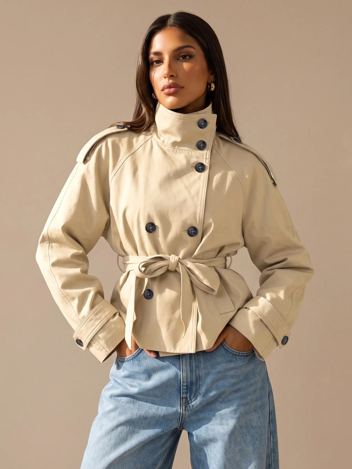 Katch Me Chic Women'S Versatile Stand Collar Button-Up Trench Coat with Detachable Waist Belt, Cozy Windproof Long Sleeve Outerwear for Fall & Winter, Commuter Solid Color Daily Outfit #Tiktokmademebuyit #Sohochic #Windbreaker