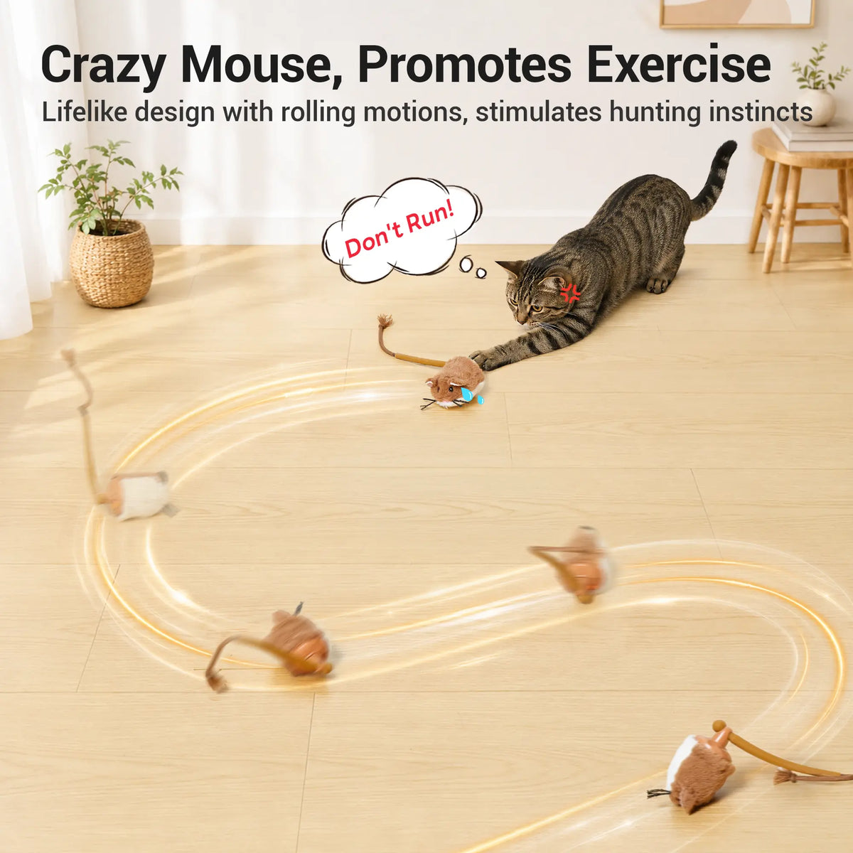 Potaroma Plush Mouse Smart Rolling Cat Toy - Automatic Motion-Activated Electric Interactive Toy, Rechargeable, Enriches Play for Indoor Cats & Kittens