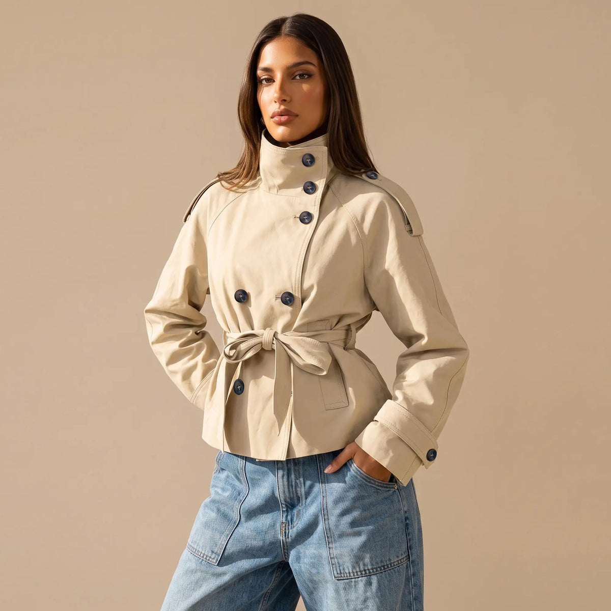 Katch Me Chic Women'S Versatile Stand Collar Button-Up Trench Coat with Detachable Waist Belt, Cozy Windproof Long Sleeve Outerwear for Fall & Winter, Commuter Solid Color Daily Outfit #Tiktokmademebuyit #Sohochic #Windbreaker