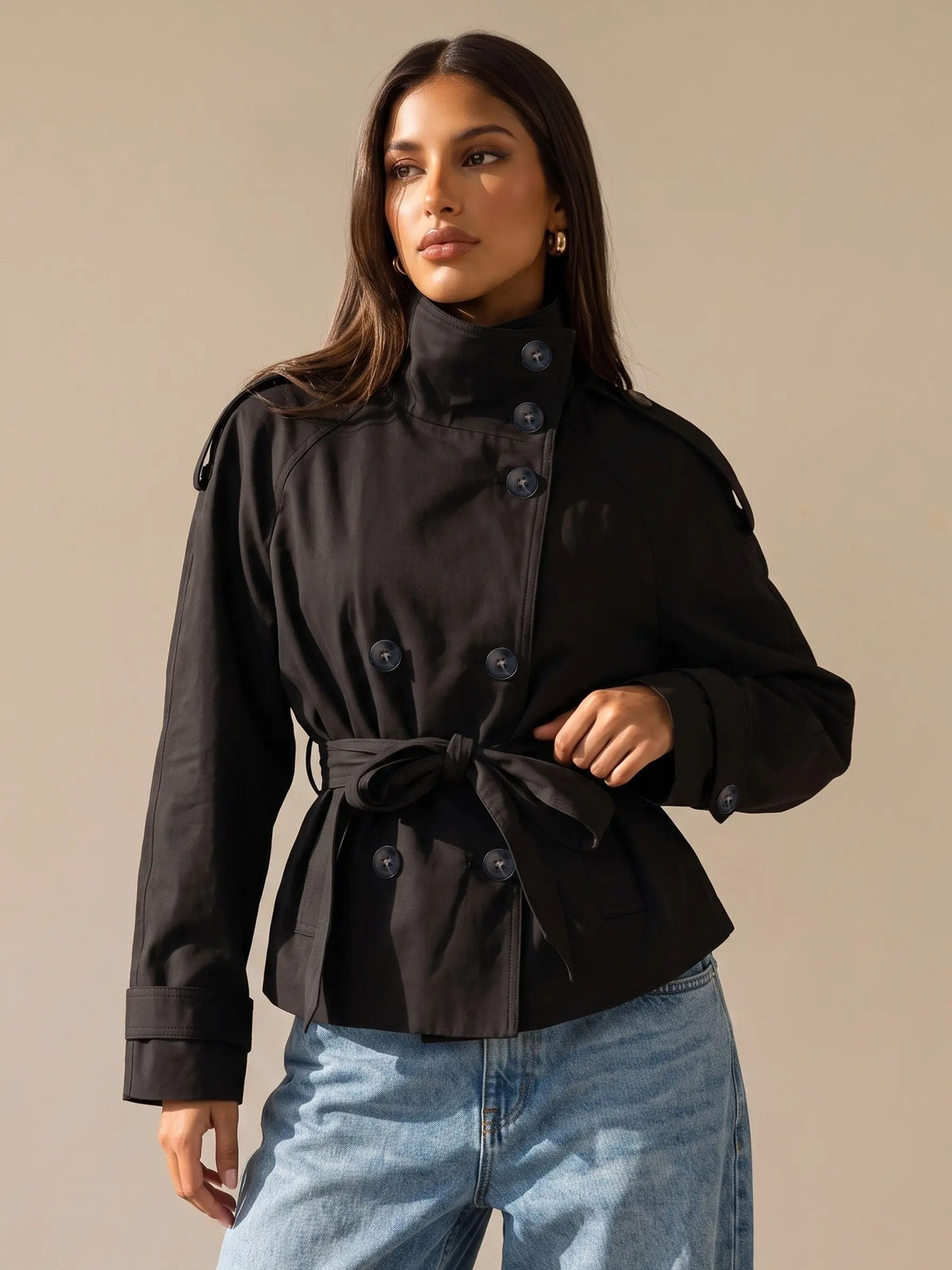 Katch Me Chic Women'S Versatile Stand Collar Button-Up Trench Coat with Detachable Waist Belt, Cozy Windproof Long Sleeve Outerwear for Fall & Winter, Commuter Solid Color Daily Outfit #Tiktokmademebuyit #Sohochic #Windbreaker