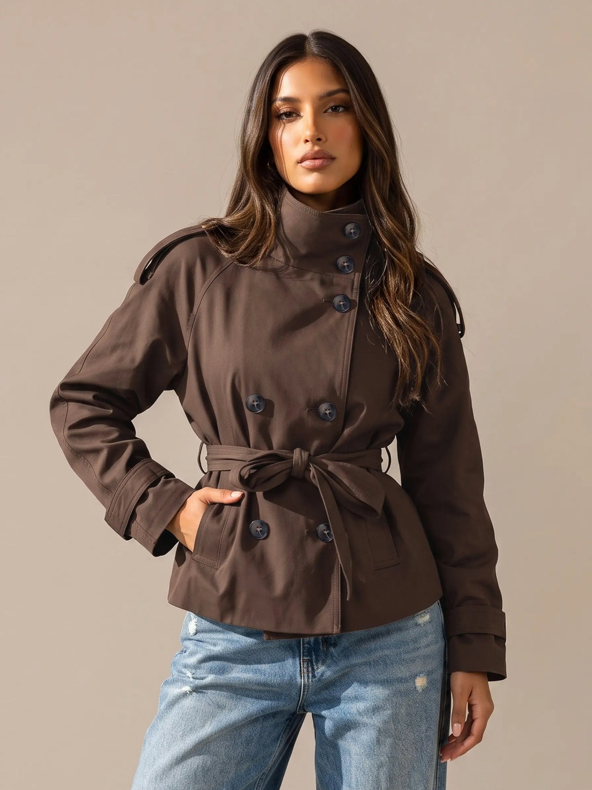 Katch Me Chic Women'S Versatile Stand Collar Button-Up Trench Coat with Detachable Waist Belt, Cozy Windproof Long Sleeve Outerwear for Fall & Winter, Commuter Solid Color Daily Outfit #Tiktokmademebuyit #Sohochic #Windbreaker