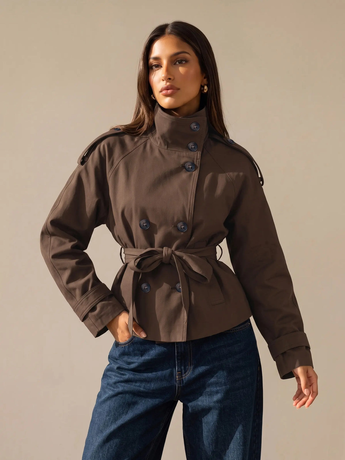 Katch Me Chic Women'S Versatile Stand Collar Button-Up Trench Coat with Detachable Waist Belt, Cozy Windproof Long Sleeve Outerwear for Fall & Winter, Commuter Solid Color Daily Outfit #Tiktokmademebuyit #Sohochic #Windbreaker