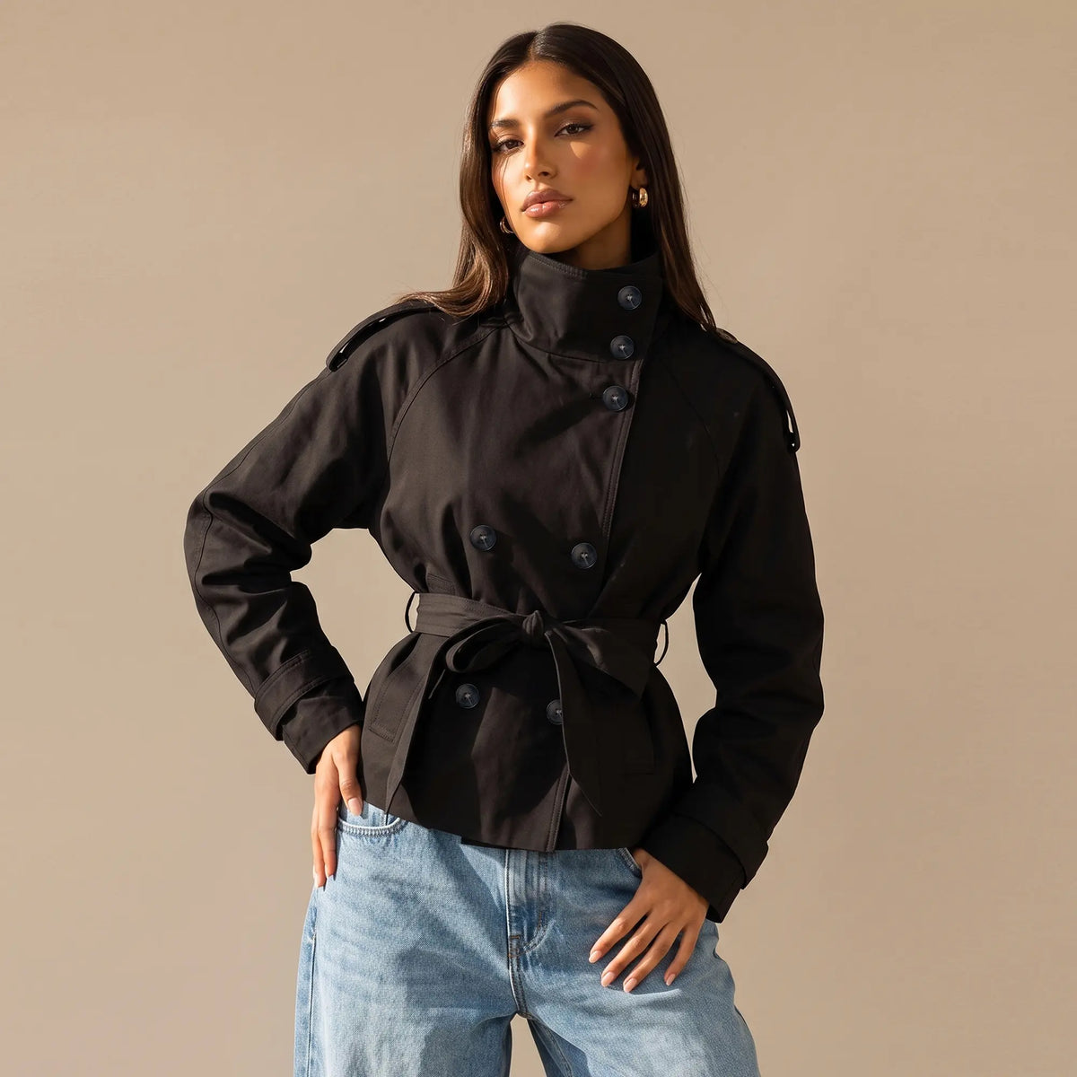 Katch Me Chic Women'S Versatile Stand Collar Button-Up Trench Coat with Detachable Waist Belt, Cozy Windproof Long Sleeve Outerwear for Fall & Winter, Commuter Solid Color Daily Outfit #Tiktokmademebuyit #Sohochic #Windbreaker