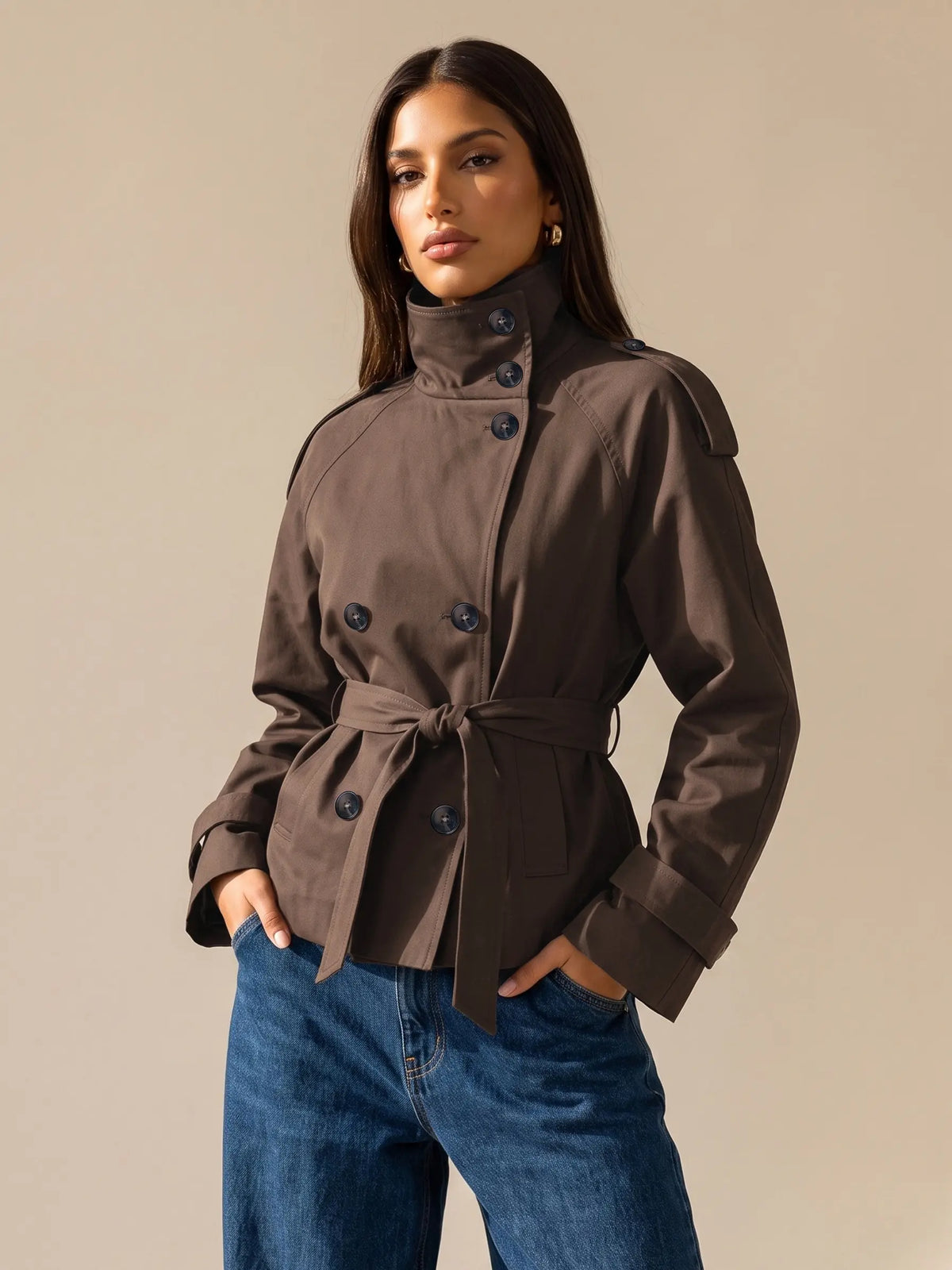 Katch Me Chic Women'S Versatile Stand Collar Button-Up Trench Coat with Detachable Waist Belt, Cozy Windproof Long Sleeve Outerwear for Fall & Winter, Commuter Solid Color Daily Outfit #Tiktokmademebuyit #Sohochic #Windbreaker