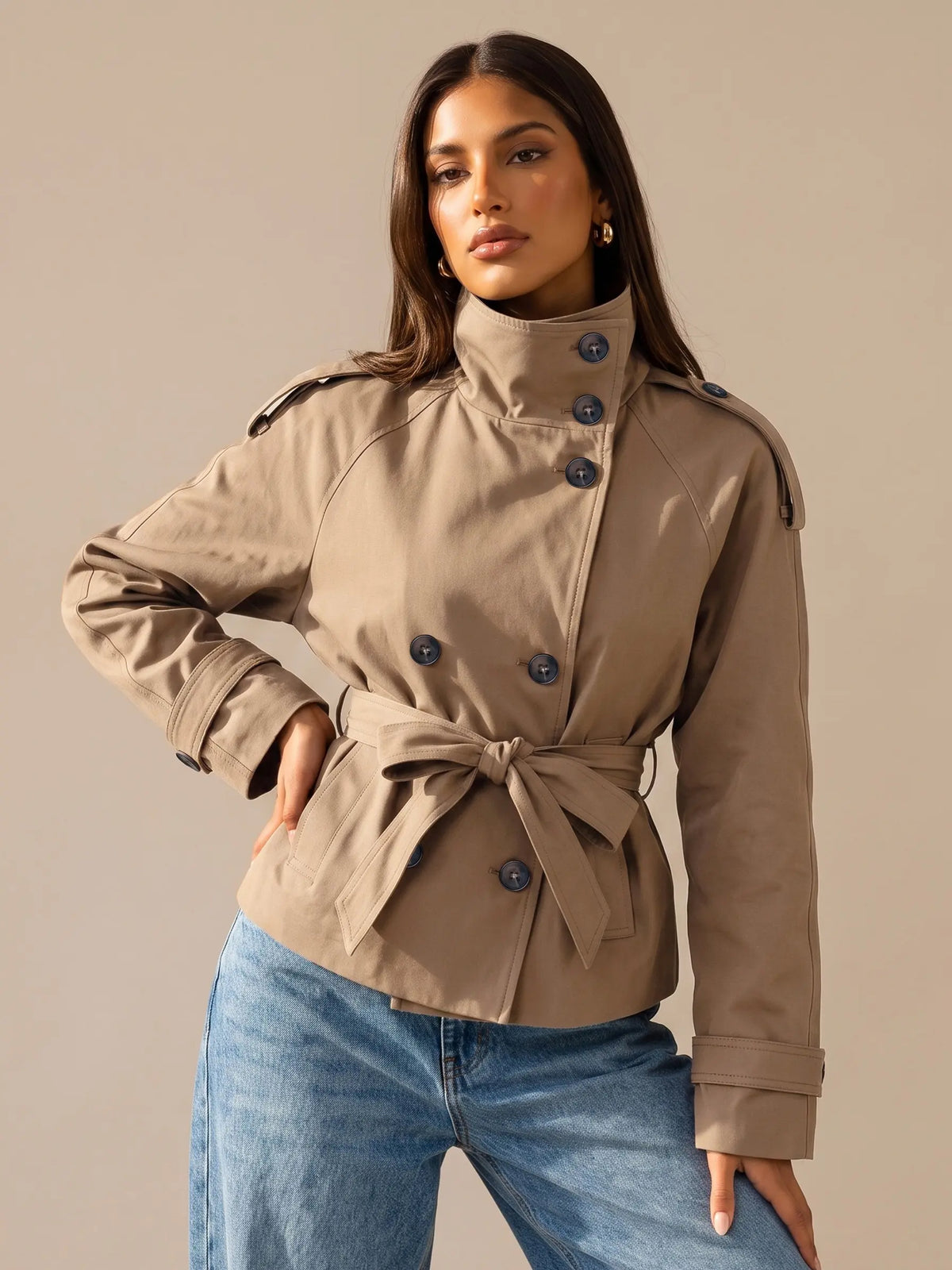 Katch Me Chic Women'S Versatile Stand Collar Button-Up Trench Coat with Detachable Waist Belt, Cozy Windproof Long Sleeve Outerwear for Fall & Winter, Commuter Solid Color Daily Outfit #Tiktokmademebuyit #Sohochic #Windbreaker