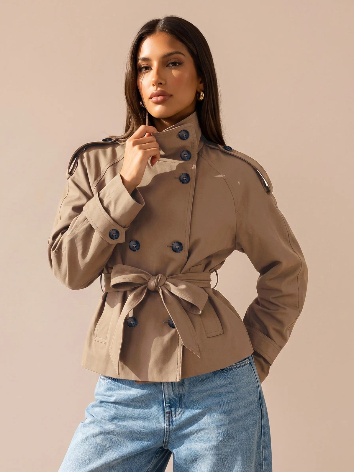 Katch Me Chic Women'S Versatile Stand Collar Button-Up Trench Coat with Detachable Waist Belt, Cozy Windproof Long Sleeve Outerwear for Fall & Winter, Commuter Solid Color Daily Outfit #Tiktokmademebuyit #Sohochic #Windbreaker